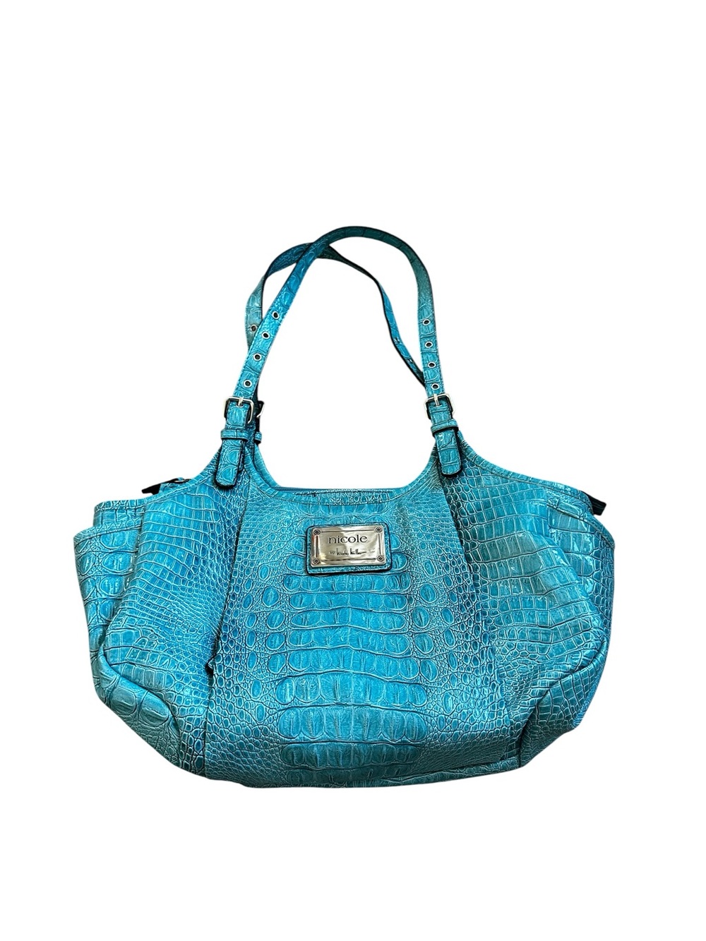 Nicole Miller Turquoise Croc Embossed Shoulder Bag Y2K Boho Chic Maximalist